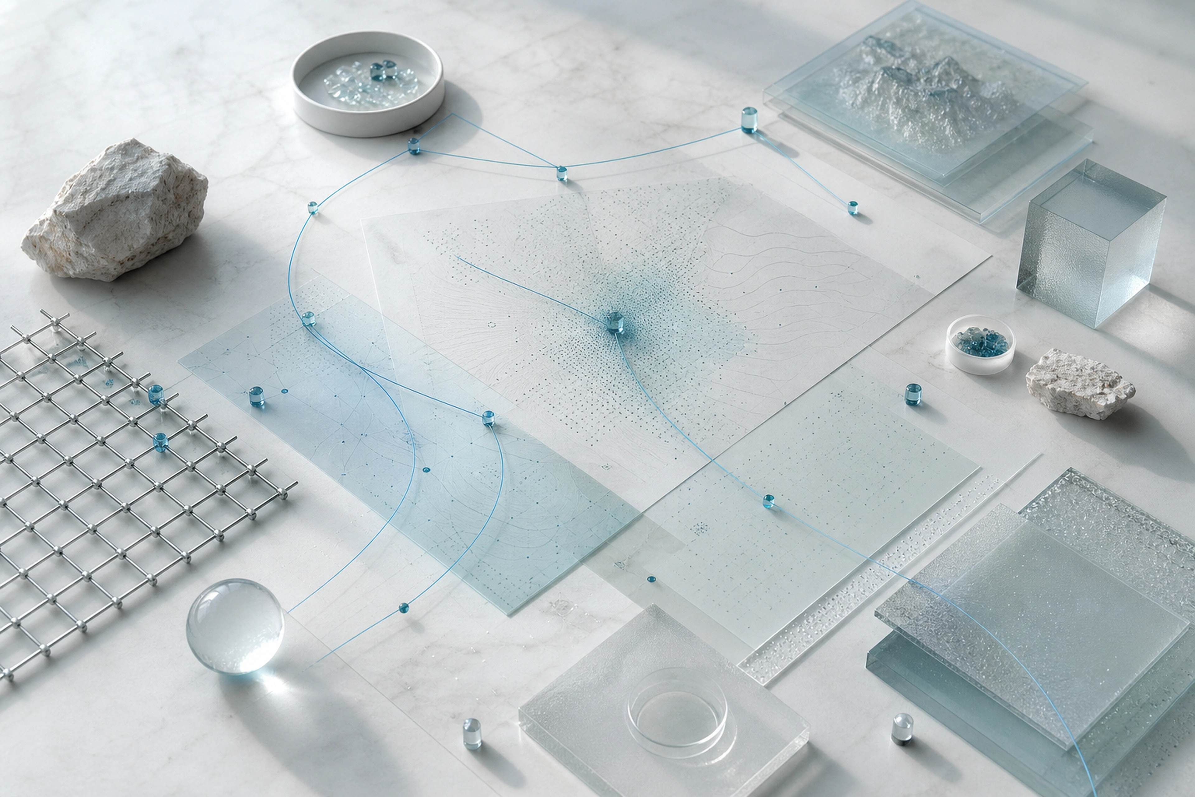 Layered research materials connected by precise cyan paths on a light scientific work surface