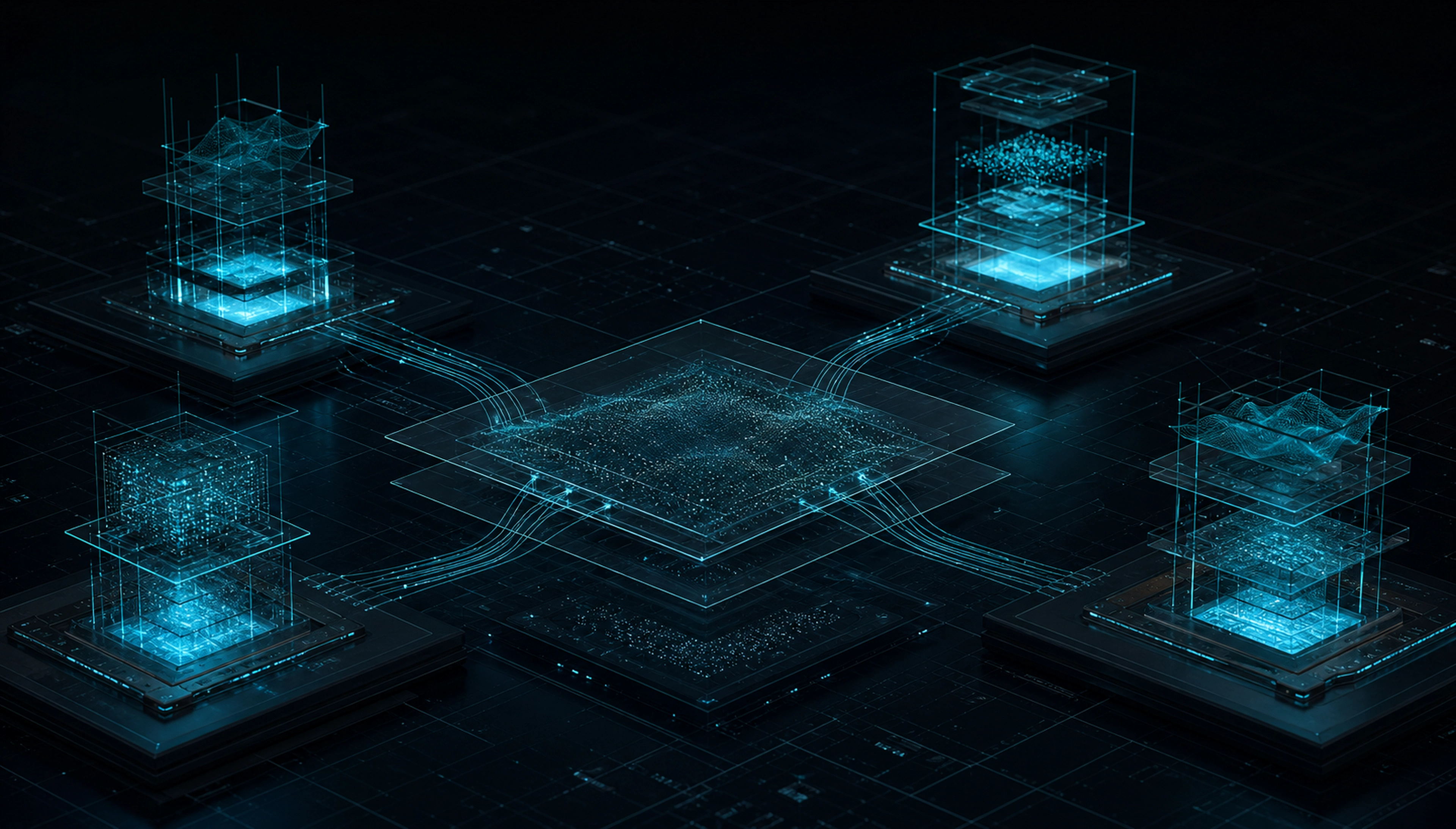Four independent computational research structures connected to a shared evidence layer